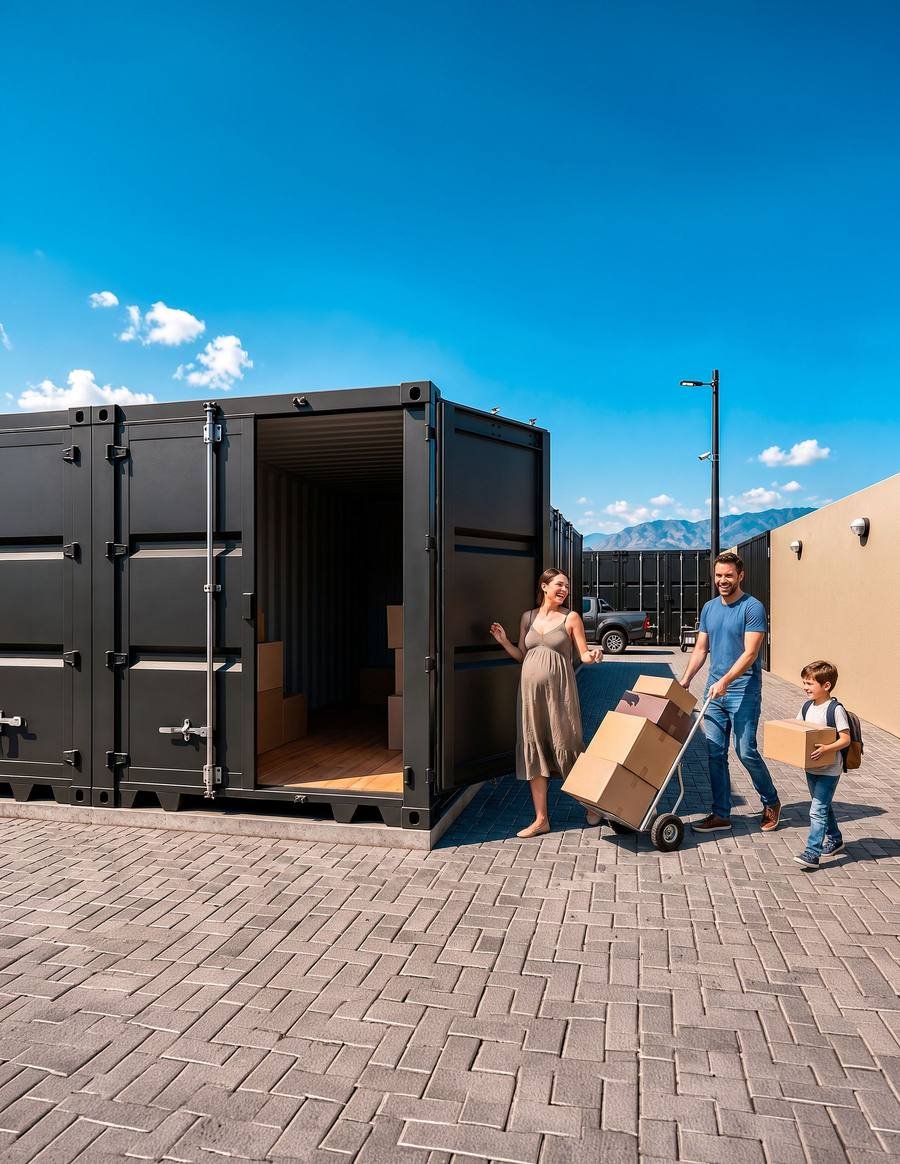 Una familia carga cajas en su box